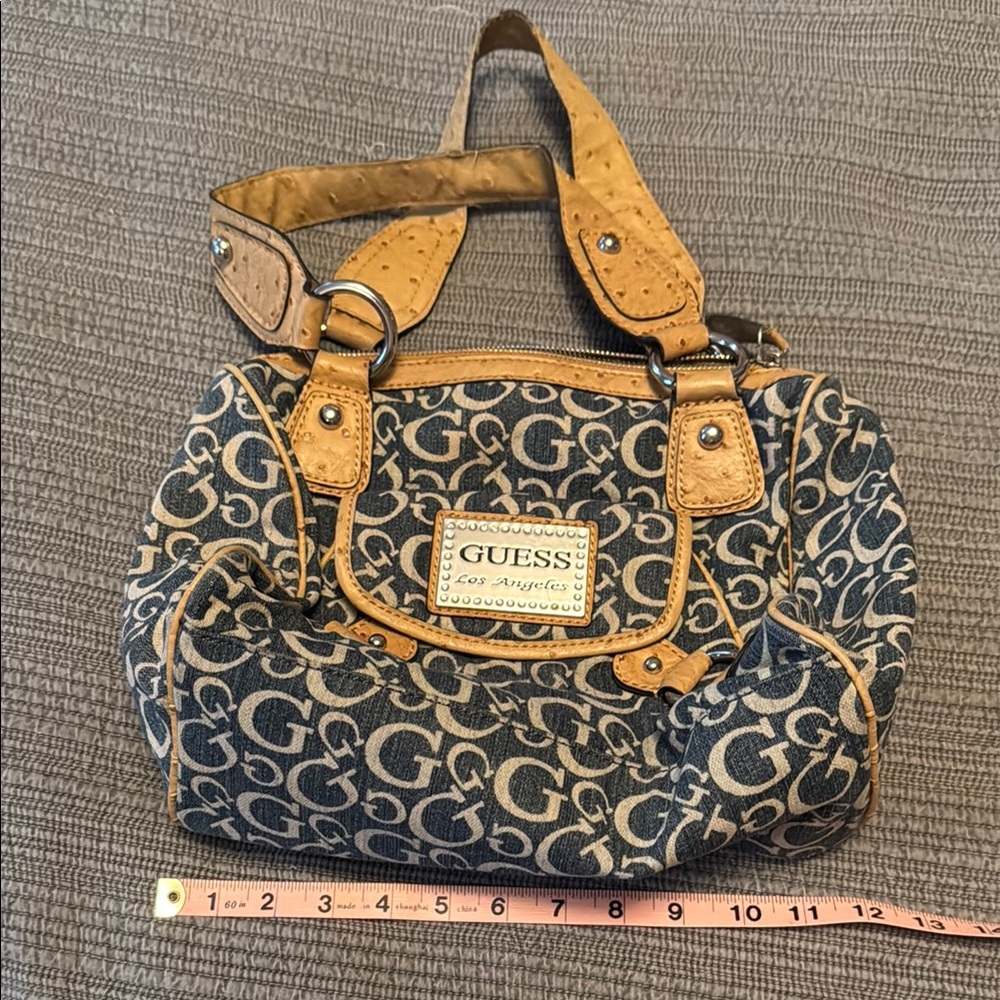 Guess Blue and Tan Shoulder Bag with Monogram Print